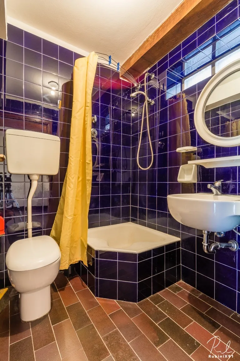 Baño alicatado en azul, con ducha y espejo ovalado