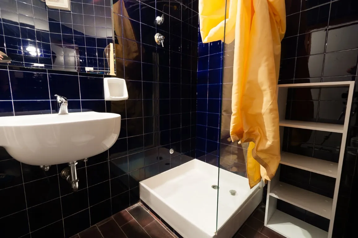 Bathroom tiled in blue, with shower and washbasin