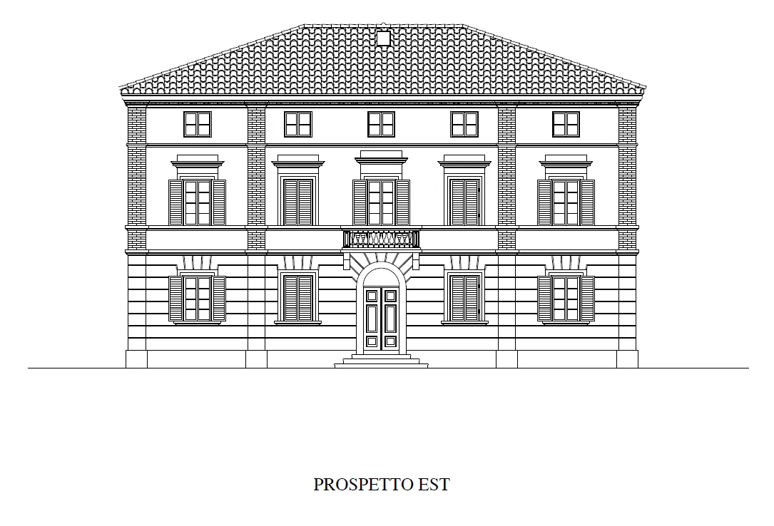 Prospetto est di Palazzo Calzolari: disegno architettonico della facciata neoclassica