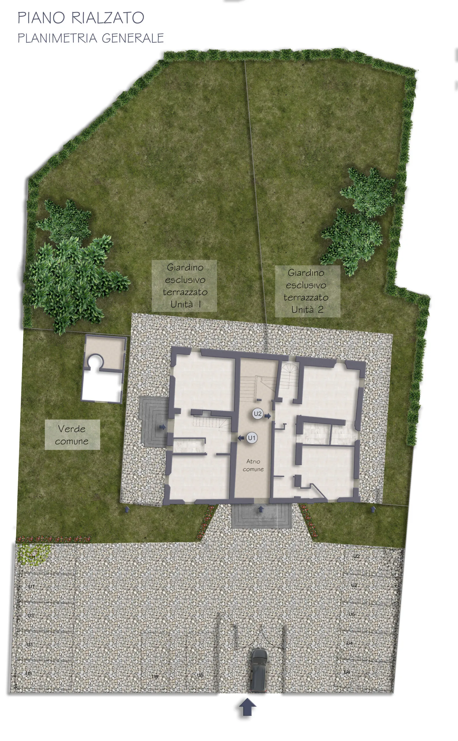 Planimetria generale del piano rialzato, con giardini esclusivi e verde comune